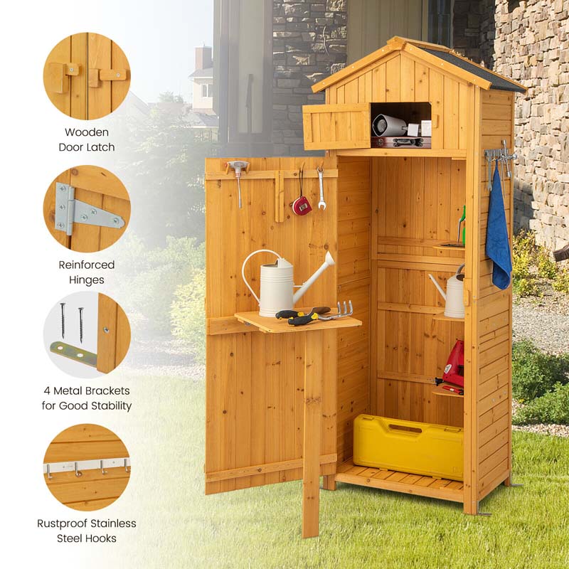 71" Tall Waterproof Wooden Outdoor Shed Garden Tool Storage Cabinet with Lockable Doors & Foldable Table