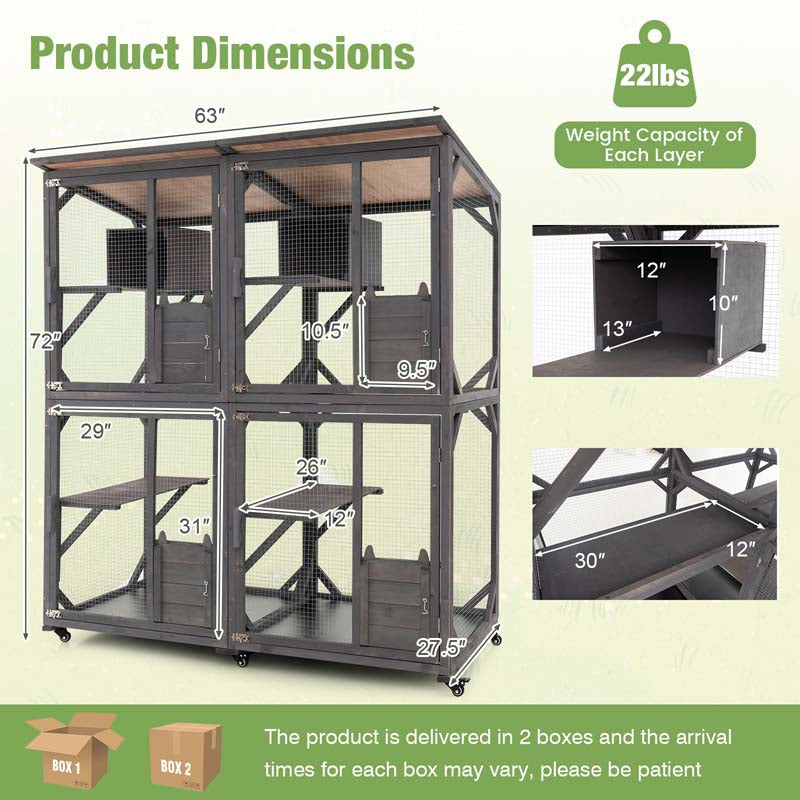 72" Tall Large Wooden Cat House on Wheels with 2 Resting Box, 4 Platforms, Catio Outdoor Cat Enclosure Kitty Cat Kennel Condo Cage Playpen