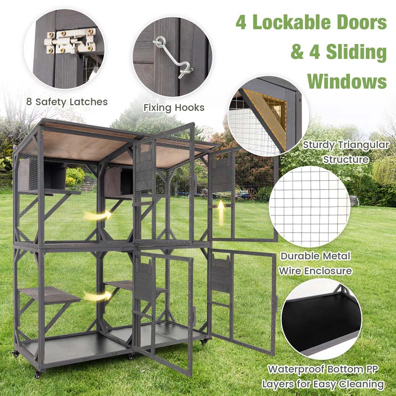 72" Tall Large Wooden Cat House on Wheels with 2 Resting Box, 4 Platforms, Catio Outdoor Cat Enclosure Kitty Cat Kennel Condo Cage Playpen