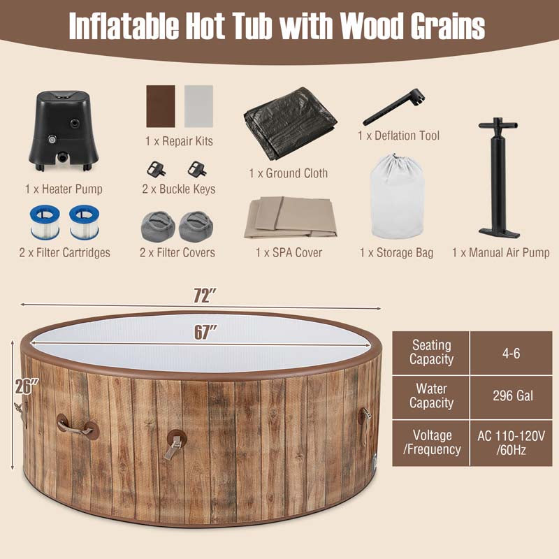 4-6 Person Wood Grain Inflatable Hot Tub, 72" Round Pool Hottub w/120 Air Jets, Heater Pump, Portable Outdoor Water SPA
