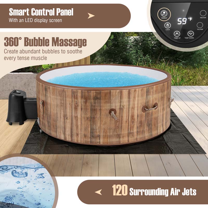 4-6 Person Wood Grain Inflatable Hot Tub, 72" Round Pool Hottub w/120 Air Jets, Heater Pump, Portable Outdoor Water SPA