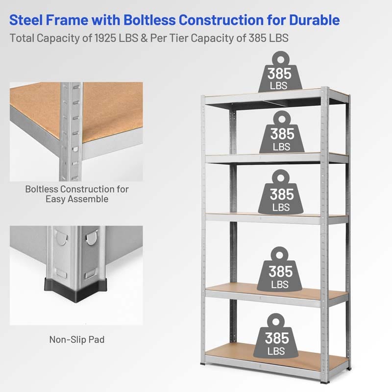 72" x 16" x 36" 5-Tier Storage Shelves Garage Shelving Units Adjustable Tool Utility Shelves Metal Storage Racks