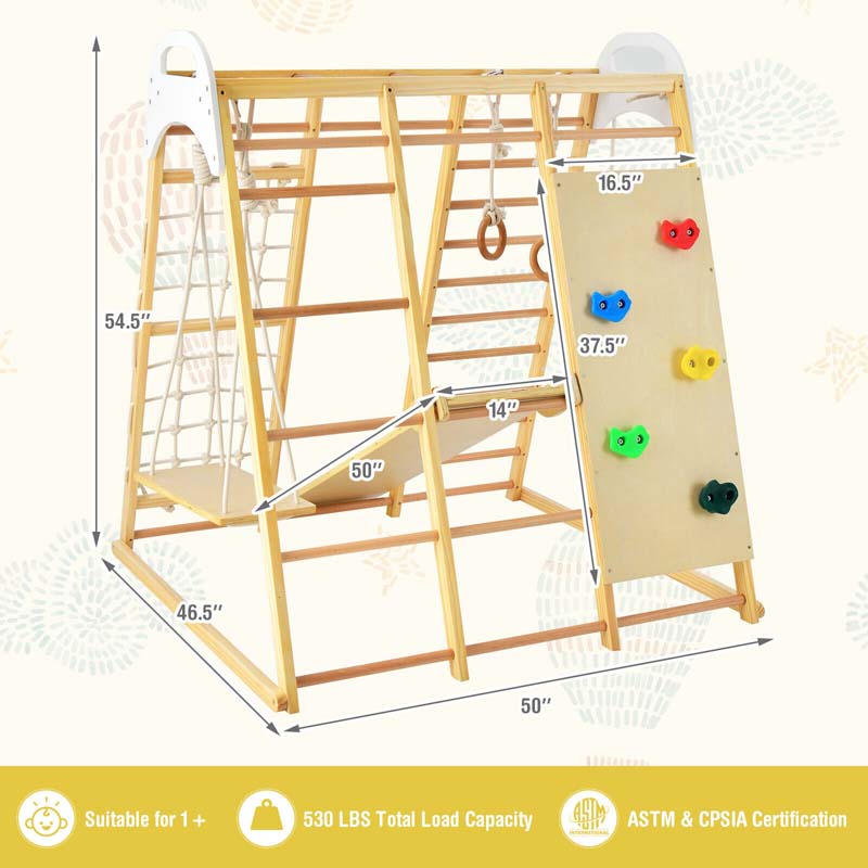 8-in-1 Wooden Climbing Toys for Toddlers, Montessori Kids Indoor Playground Jungle Gym Playset with Slide, Climbing Rock/Net, Monkey Bars
