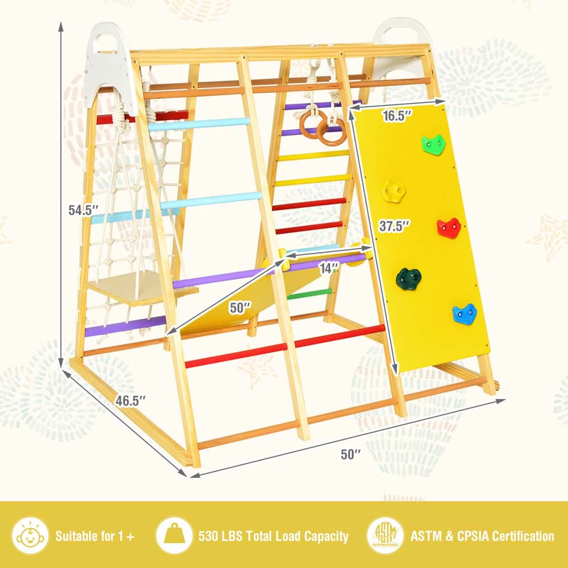 8-in-1 Wooden Climbing Toys for Toddlers, Montessori Kids Indoor Playground Jungle Gym Playset with Slide, Climbing Rock/Net, Monkey Bars