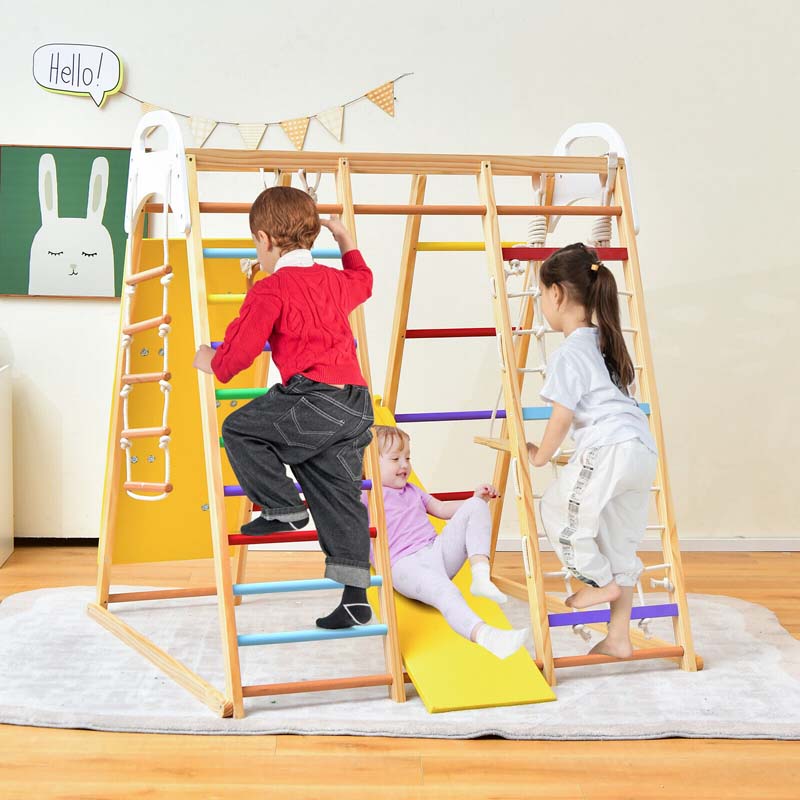 8-in-1 Wooden Climbing Toys for Toddlers, Montessori Kids Indoor Playground Jungle Gym Playset with Slide, Climbing Rock/Net, Monkey Bars