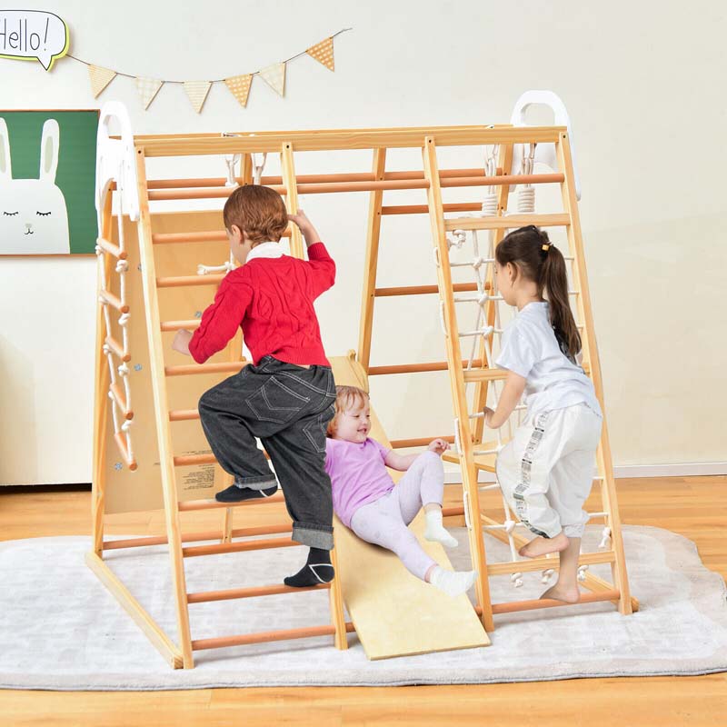 8-in-1 Wooden Climbing Toys for Toddlers, Montessori Kids Indoor Playground Jungle Gym Playset with Slide, Climbing Rock/Net, Monkey Bars