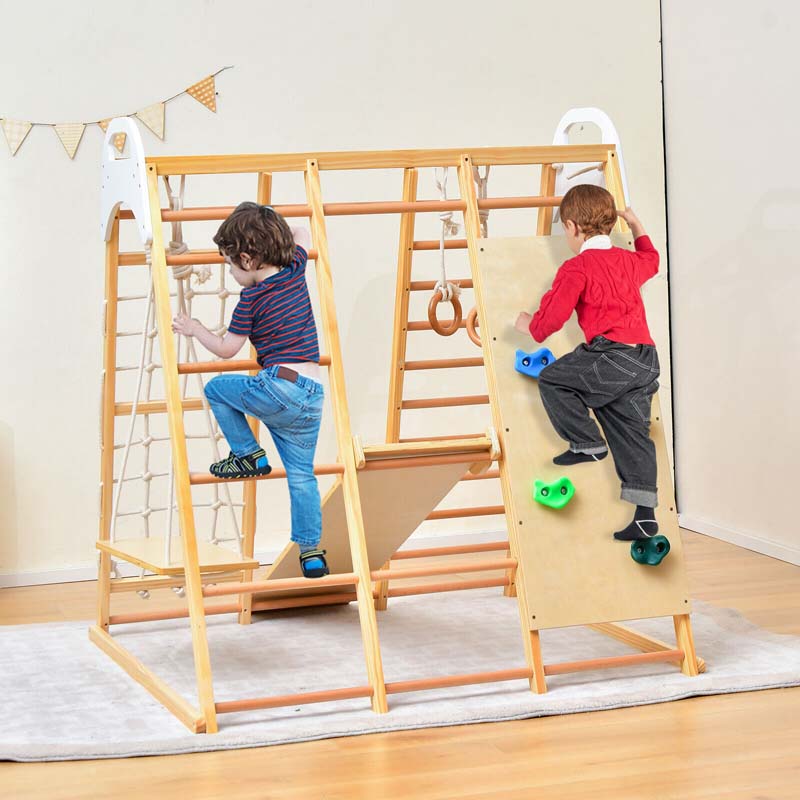 8-in-1 Wooden Climbing Toys for Toddlers, Montessori Kids Indoor Playground Jungle Gym Playset with Slide, Climbing Rock/Net, Monkey Bars