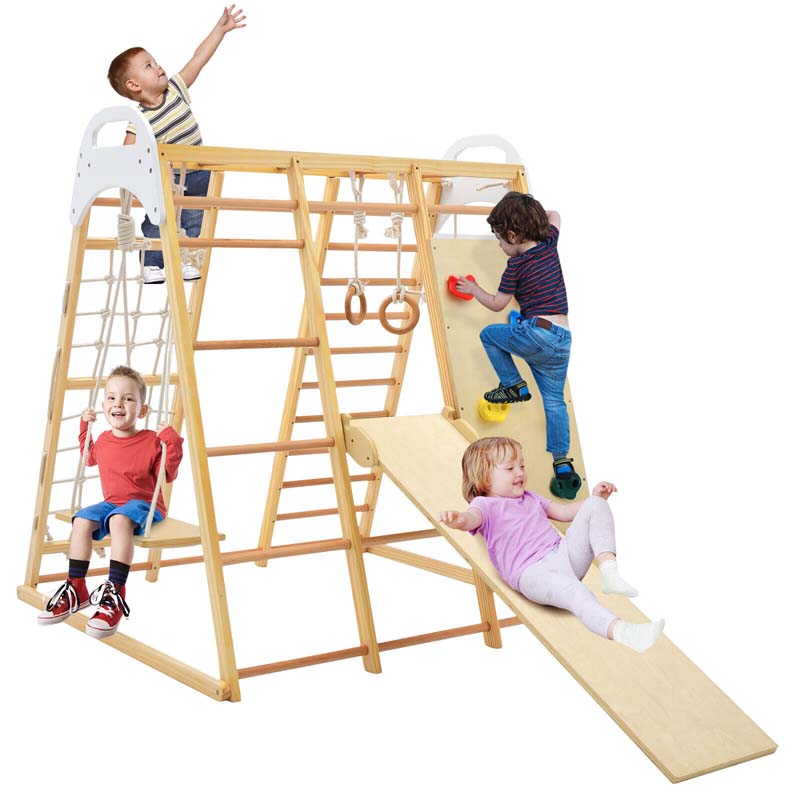8-in-1 Wooden Climbing Toys for Toddlers, Montessori Kids Indoor Playground Jungle Gym Playset with Slide, Climbing Rock/Net, Monkey Bars