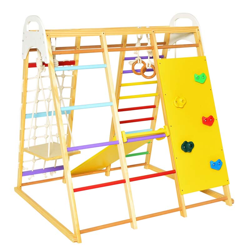 8-in-1 Wooden Climbing Toys for Toddlers, Montessori Kids Indoor Playground Jungle Gym Playset with Slide, Climbing Rock/Net, Monkey Bars