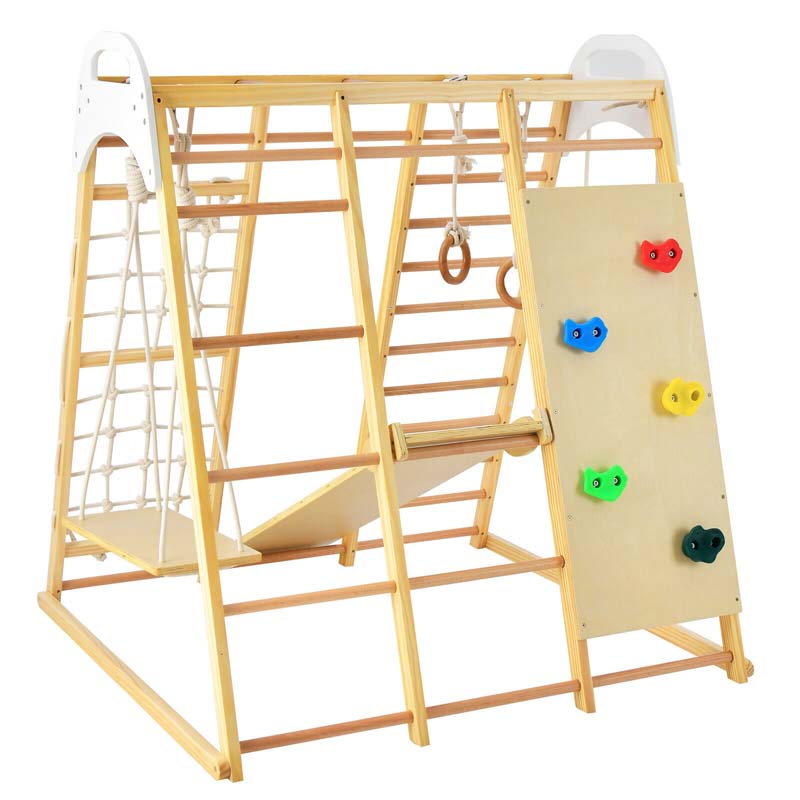 8-in-1 Wooden Climbing Toys for Toddlers, Montessori Kids Indoor Playground Jungle Gym Playset with Slide, Climbing Rock/Net, Monkey Bars
