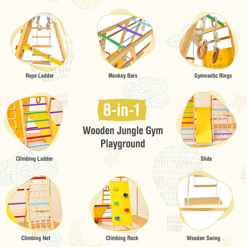 8-in-1 Wooden Climbing Toys for Toddlers, Montessori Kids Indoor Playground Jungle Gym Playset with Slide, Climbing Rock/Net, Monkey Bars