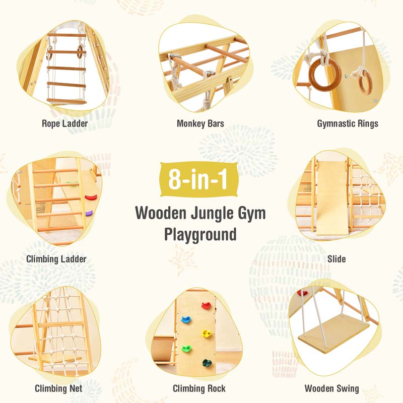 8-in-1 Wooden Climbing Toys for Toddlers, Montessori Kids Indoor Playground Jungle Gym Playset with Slide, Climbing Rock/Net, Monkey Bars