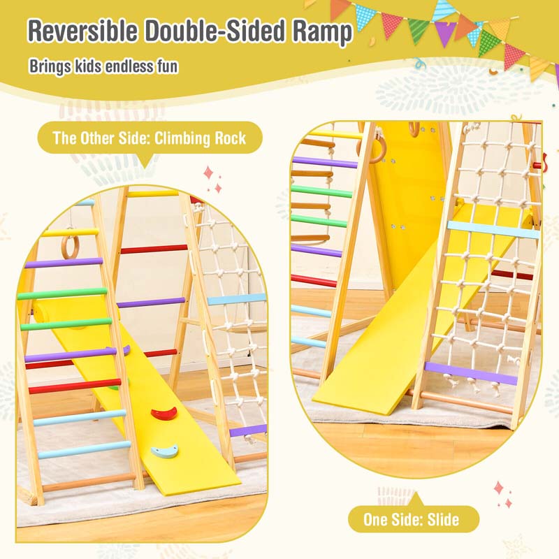 8-in-1 Wooden Climbing Toys for Toddlers, Montessori Kids Indoor Playground Jungle Gym Playset with Slide, Climbing Rock/Net, Monkey Bars