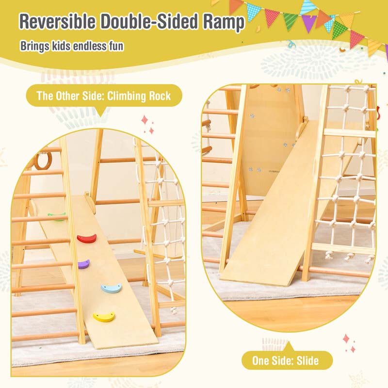 8-in-1 Wooden Climbing Toys for Toddlers, Montessori Kids Indoor Playground Jungle Gym Playset with Slide, Climbing Rock/Net, Monkey Bars