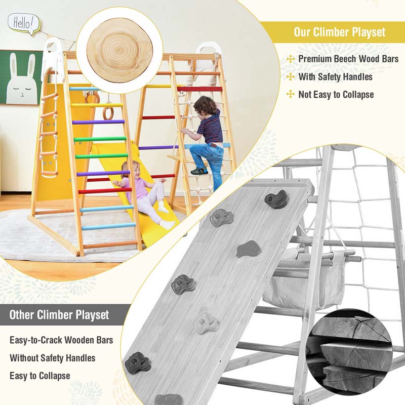 8-in-1 Wooden Climbing Toys for Toddlers, Montessori Kids Indoor Playground Jungle Gym Playset with Slide, Climbing Rock/Net, Monkey Bars