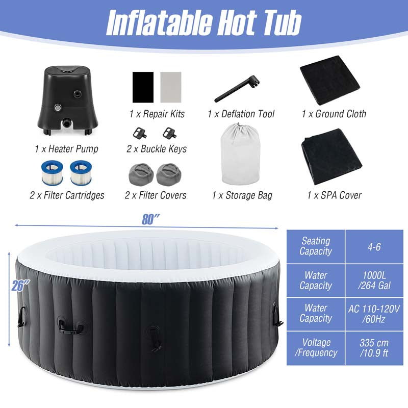 2-6 Person 70"/80" Inflatable SPA Pool Hottub with 110/130 Air Jets, Heater Pump, Portable Outdoor Water Spa Tub for Backyard