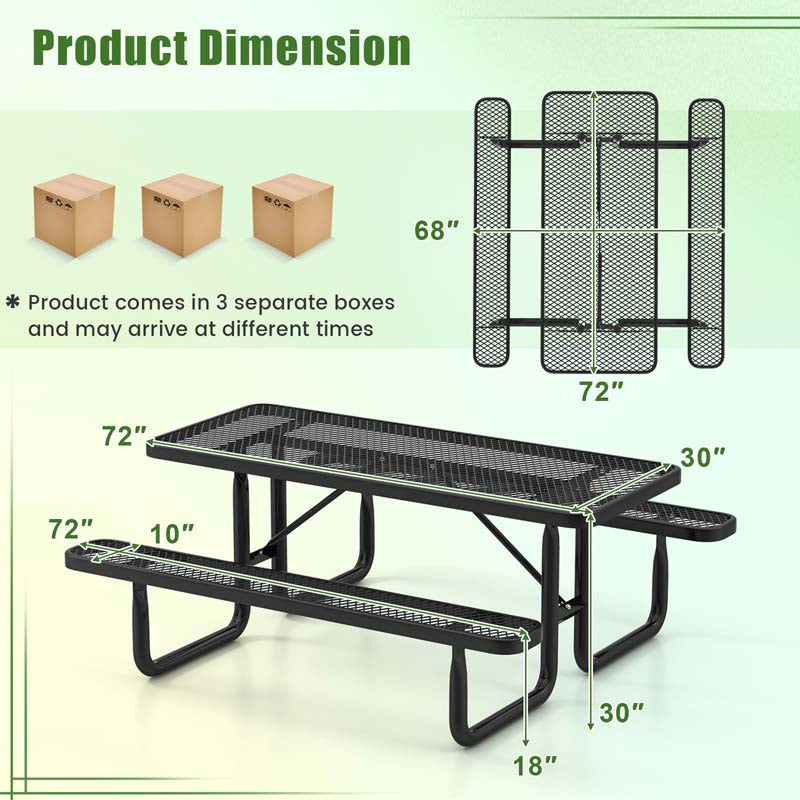 72" 8-Person Mesh Picnic Table Bench Set with Thermoplastic Coated Steel, Heavy Duty Patio Dining Table for Cafe Restaurant Bar