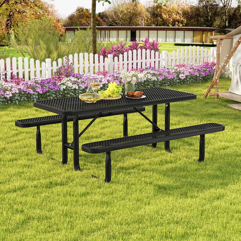 72" 8-Person Mesh Picnic Table Bench Set with Thermoplastic Coated Steel, Heavy Duty Patio Dining Table for Cafe Restaurant Bar