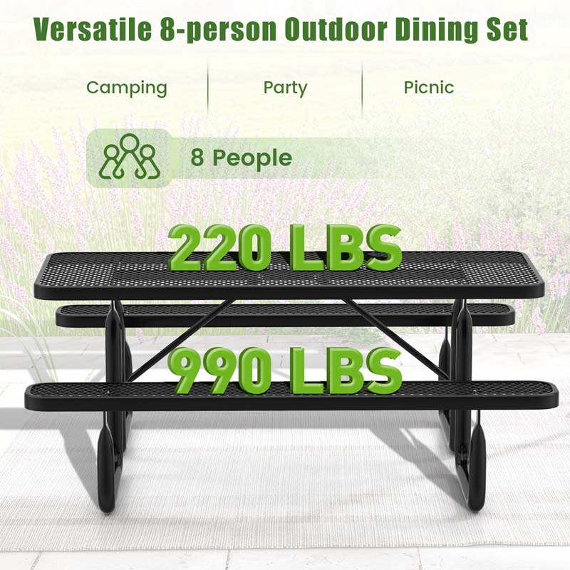 72" 8-Person Mesh Picnic Table Bench Set with Thermoplastic Coated Steel, Heavy Duty Patio Dining Table for Cafe Restaurant Bar