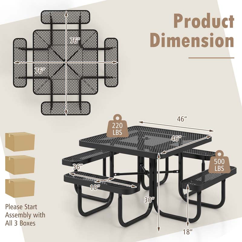 46" 8-Person Square Mesh Picnic Table Bench Set w/Umbrella Hole, Thermoplastic Coated Steel Heavy Duty Patio Dining Table for Cafe Bar Yard