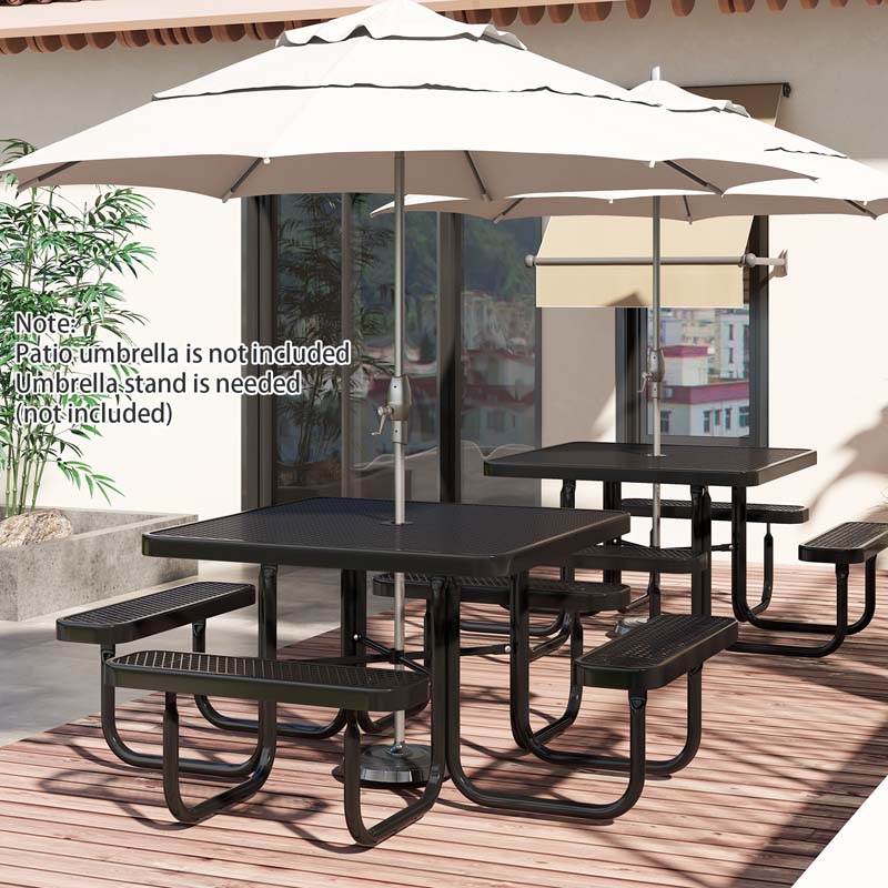 46" 8-Person Square Mesh Picnic Table Bench Set w/Umbrella Hole, Thermoplastic Coated Steel Heavy Duty Patio Dining Table for Cafe Bar Yard