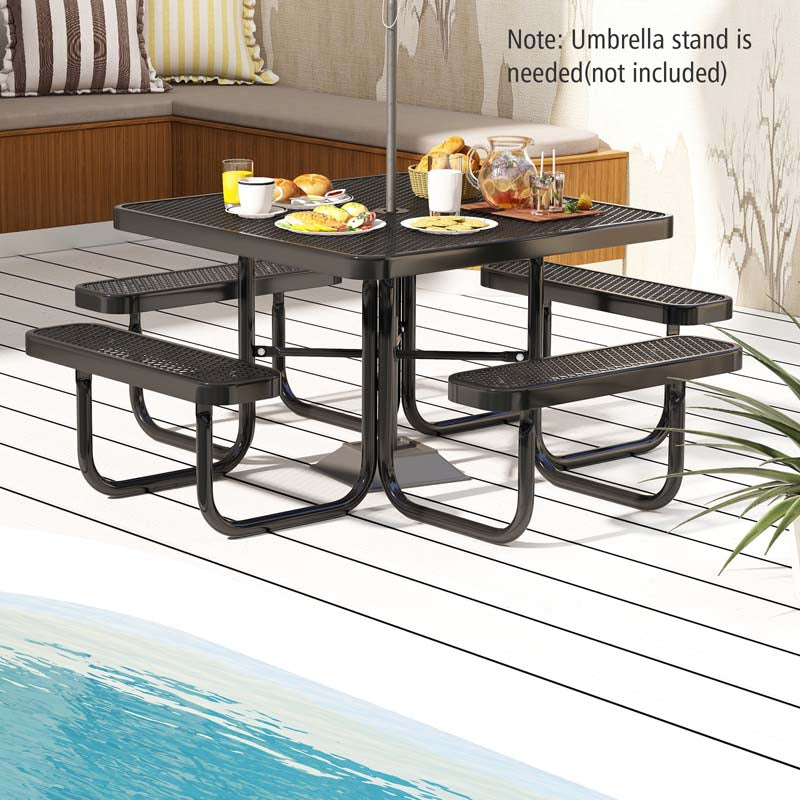 46" 8-Person Square Mesh Picnic Table Bench Set w/Umbrella Hole, Thermoplastic Coated Steel Heavy Duty Patio Dining Table for Cafe Bar Yard