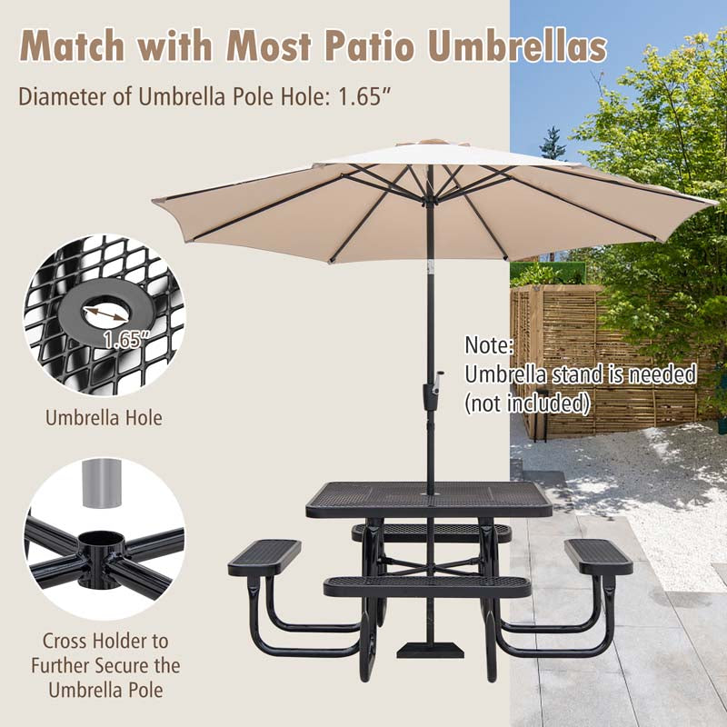 46" 8-Person Square Mesh Picnic Table Bench Set w/Umbrella Hole, Thermoplastic Coated Steel Heavy Duty Patio Dining Table for Cafe Bar Yard