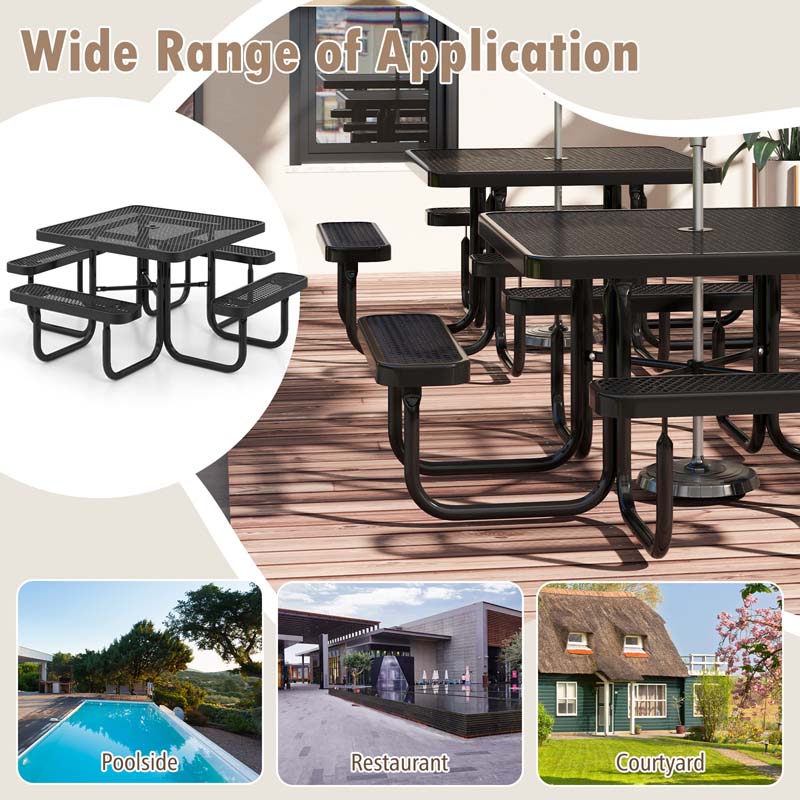 46" 8-Person Square Mesh Picnic Table Bench Set w/Umbrella Hole, Thermoplastic Coated Steel Heavy Duty Patio Dining Table for Cafe Bar Yard
