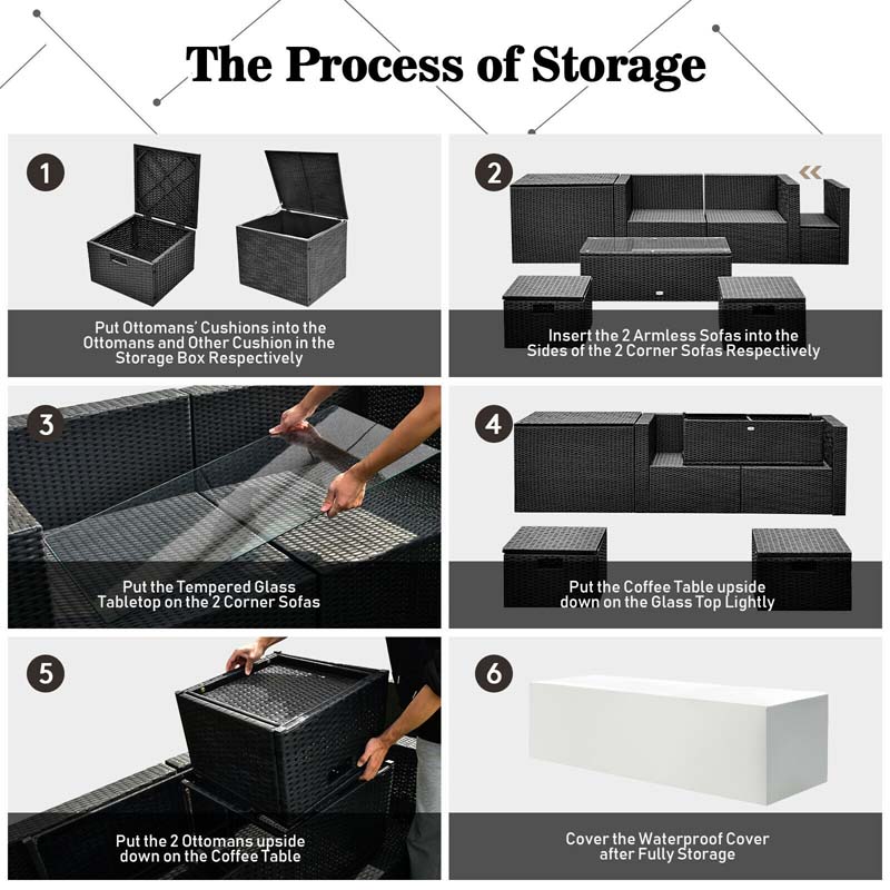 8 Pcs Rattan Wicker Outdoor Patio Furniture Sectional Sofa Set with Storage Box & Waterproof Cover