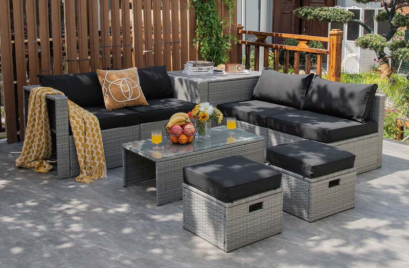 8 Pcs Rattan Patio Sectional Furniture Set Wicker Outdoor Cushioned Sofa Set with Storage Box & Waterproof Cover