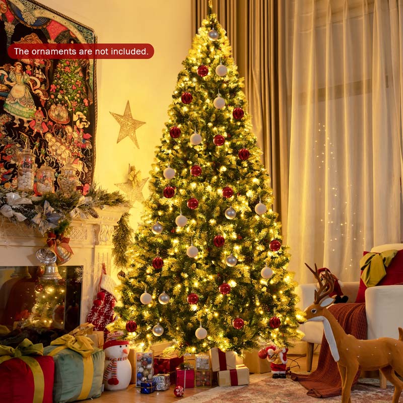 6/7.5/9FT Pre-lit Artificial Christmas Tree, Hinged Snow Flocked Xmas Tree w/Pine Cones, Red Berries & 250/550/900 LED Lights, 8 Lighting Modes