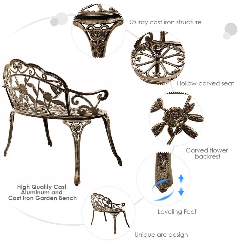 Antique Style Outdoor Garden Bench Park Bench, All-Weather Patio Bench Chair Loveseat with Cast Aluminum Seat & Backrest