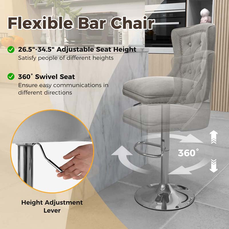 Dutch Velvet Swivel Barstools with Back, Footrest, Electroplated Metal Base, Counter Height Bar Chairs for Kitchen Island, Pub