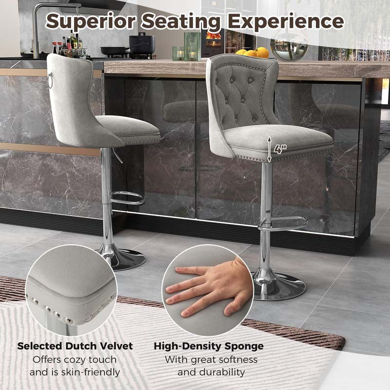 Dutch Velvet Swivel Barstools with Back, Footrest, Electroplated Metal Base, Counter Height Bar Chairs for Kitchen Island, Pub