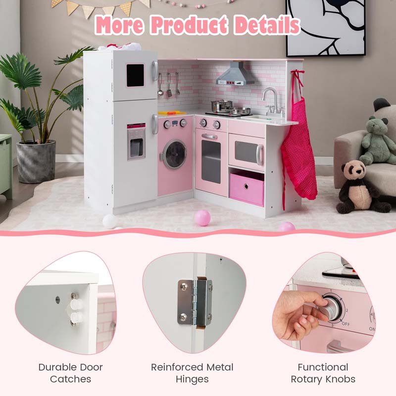 Pink Kids Corner Kitchen Playset, Wooden Pretend Play Kitchen Toy Set with Realistic Light & Sound, Washing Machine, Microwave