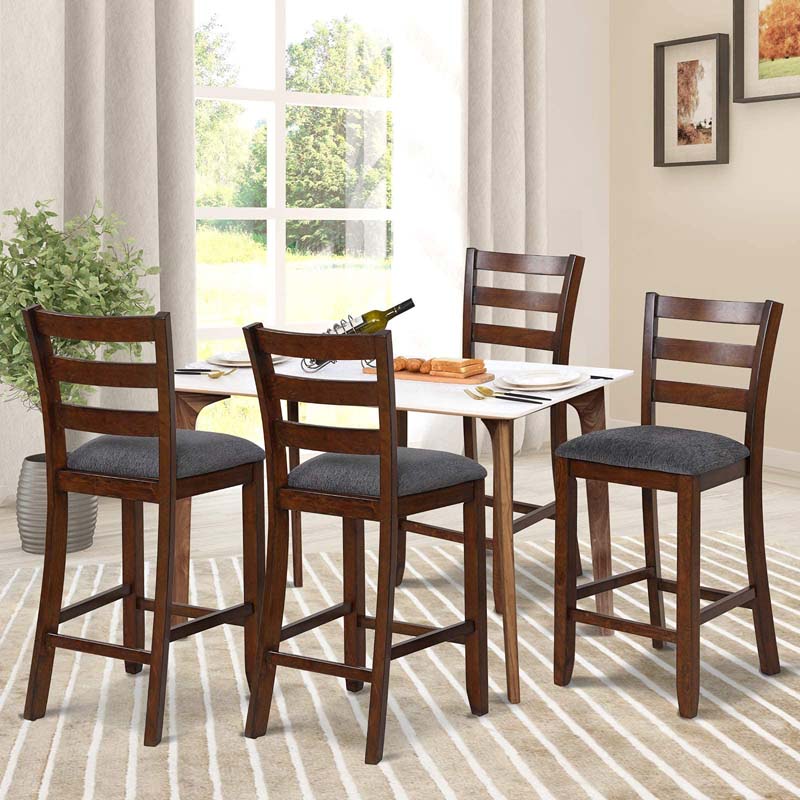 25.5" Linen Fabric Upholstered Bar Stools with Back, Solid Rubber Wood Bar Height Dining Chairs for Kitchen