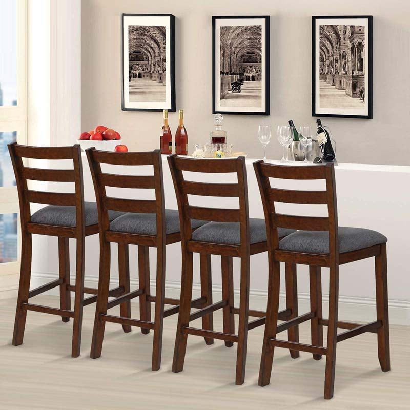 25.5" Linen Fabric Upholstered Bar Stools with Back, Solid Rubber Wood Bar Height Dining Chairs for Kitchen