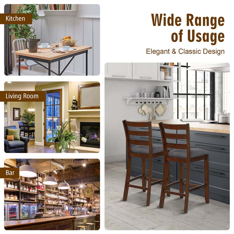 25.5" Linen Fabric Upholstered Bar Stools with Back, Solid Rubber Wood Bar Height Dining Chairs for Kitchen