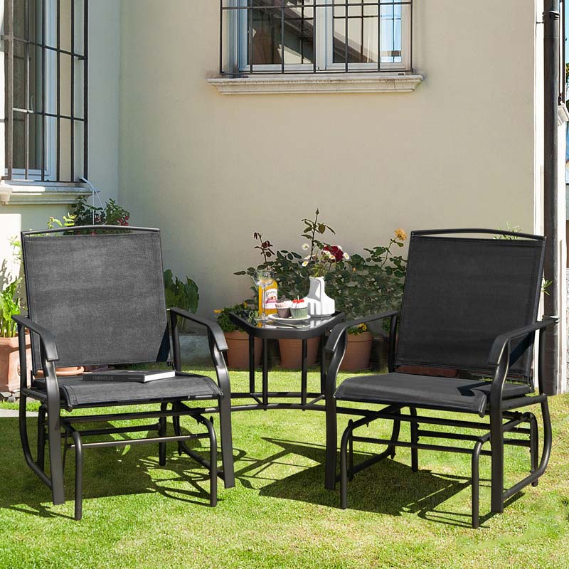2-Person Double Swing Glider Chair Sling Fabric Porch Rocker with Glass Table & 1.73" Umbrella Hole