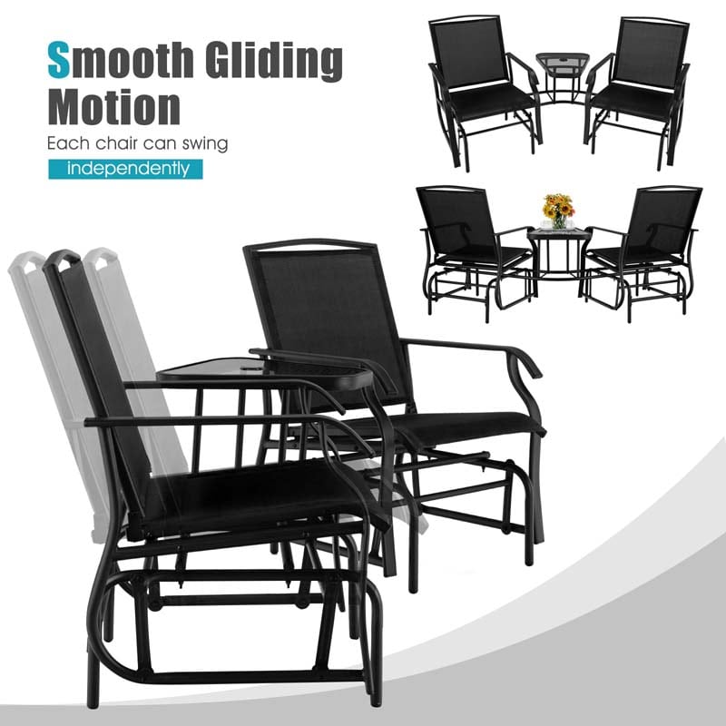 2-Person Double Swing Glider Chair Sling Fabric Porch Rocker with Glass Table & 1.73" Umbrella Hole