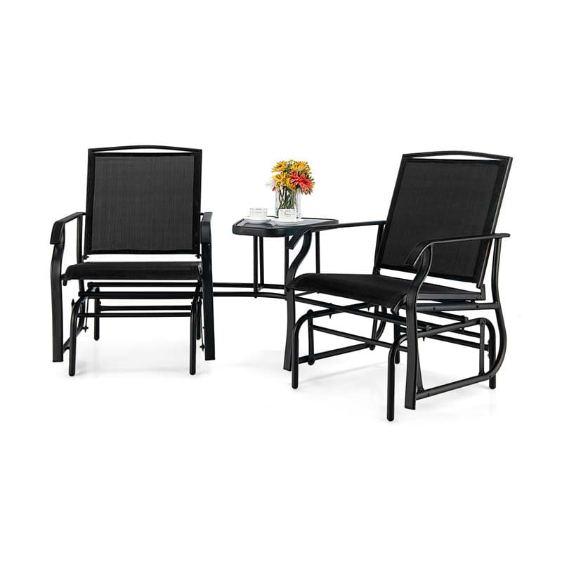 2-Person Double Swing Glider Chair Sling Fabric Porch Rocker with Glass Table & 1.73" Umbrella Hole