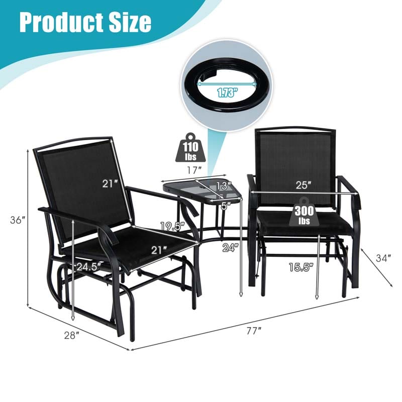 2-Person Double Swing Glider Chair Sling Fabric Porch Rocker with Glass Table & 1.73" Umbrella Hole