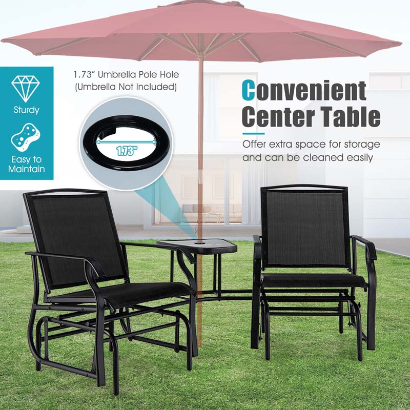 2-Person Double Swing Glider Chair Sling Fabric Porch Rocker with Glass Table & 1.73" Umbrella Hole