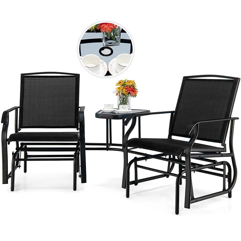 2-Person Double Swing Glider Chair Sling Fabric Porch Rocker with Glass Table & 1.73" Umbrella Hole
