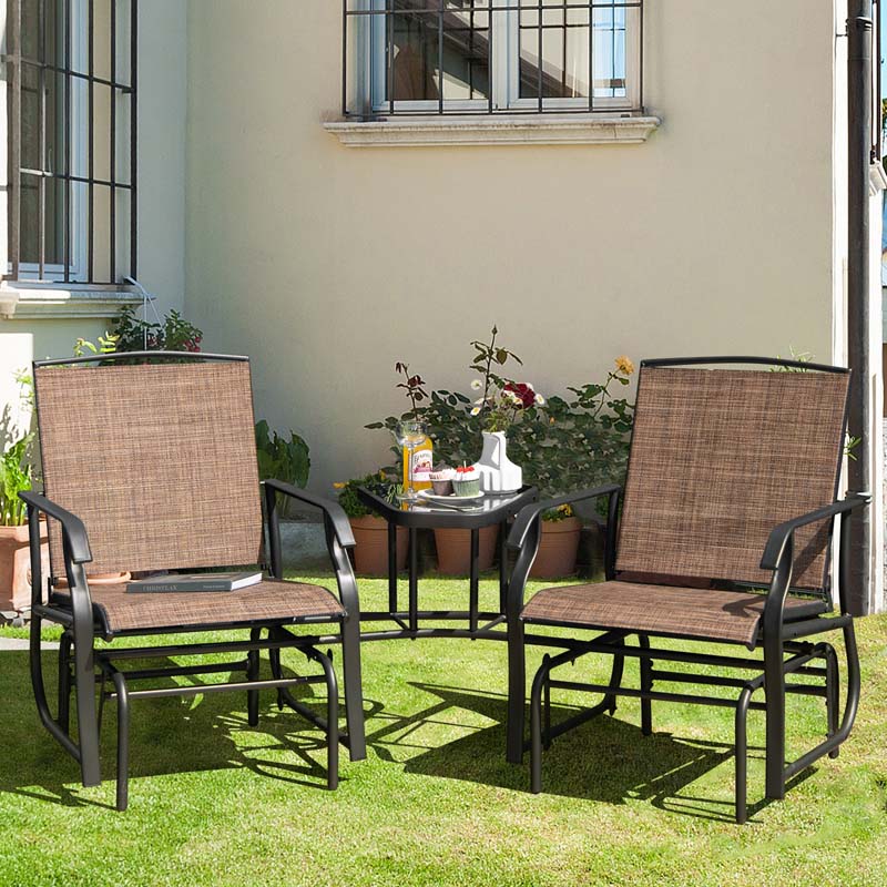 2-Person Double Swing Glider Chair Sling Fabric Porch Rocker with Glass Table & 1.73" Umbrella Hole