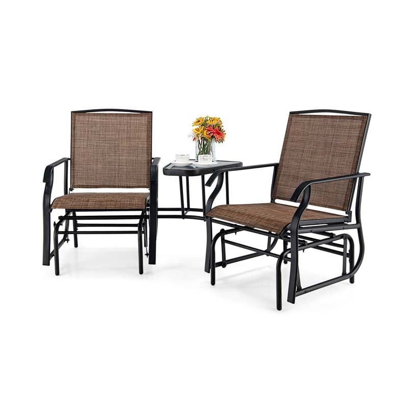 2-Person Double Swing Glider Chair Sling Fabric Porch Rocker with Glass Table & 1.73" Umbrella Hole