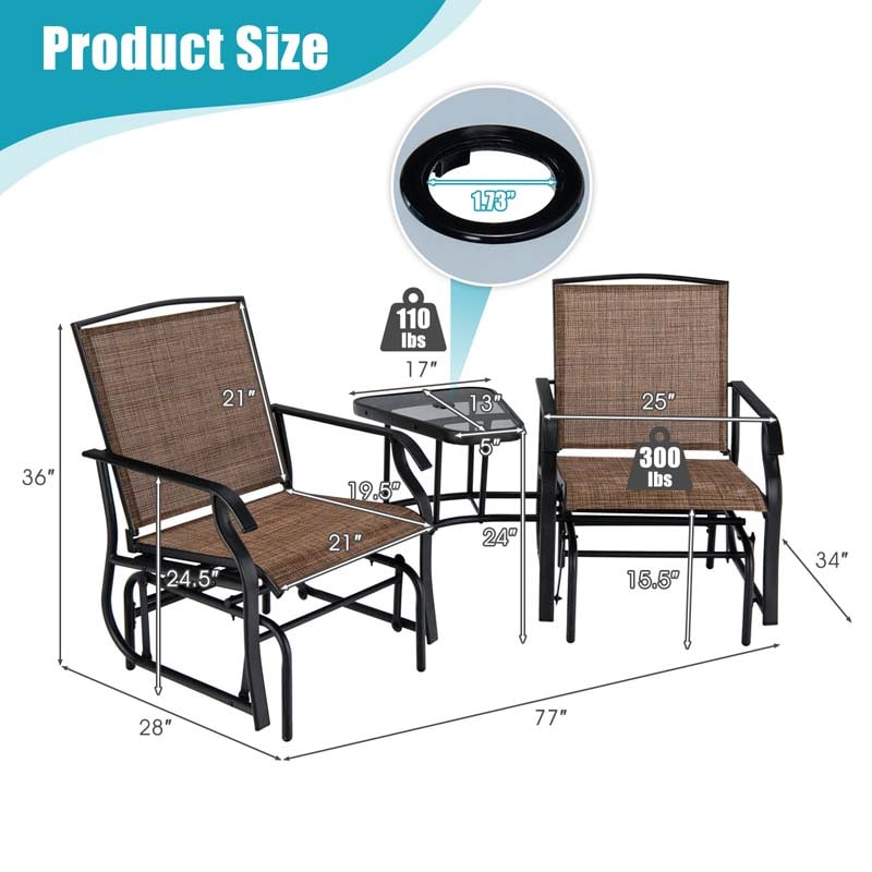 2-Person Double Swing Glider Chair Sling Fabric Porch Rocker with Glass Table & 1.73" Umbrella Hole