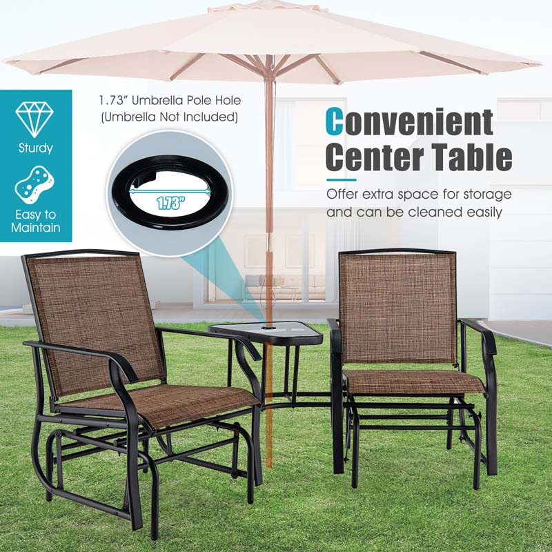 2-Person Double Swing Glider Chair Sling Fabric Porch Rocker with Glass Table & 1.73" Umbrella Hole