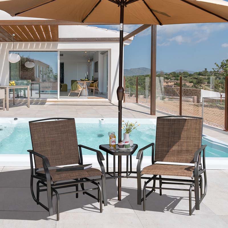 2-Person Double Swing Glider Chair Sling Fabric Porch Rocker with Glass Table & 1.73" Umbrella Hole