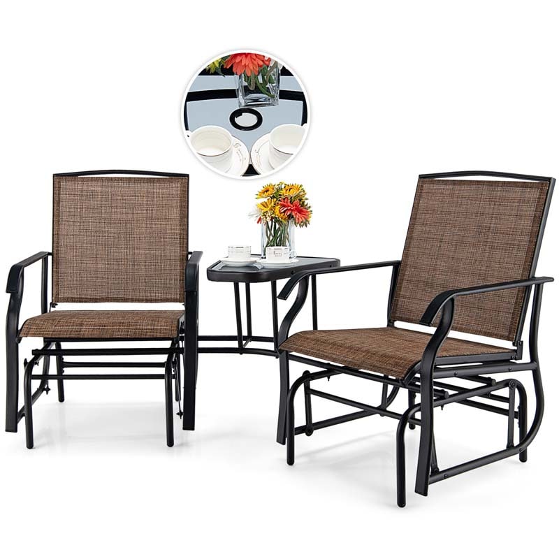 2-Person Double Swing Glider Chair Sling Fabric Porch Rocker with Glass Table & 1.73" Umbrella Hole